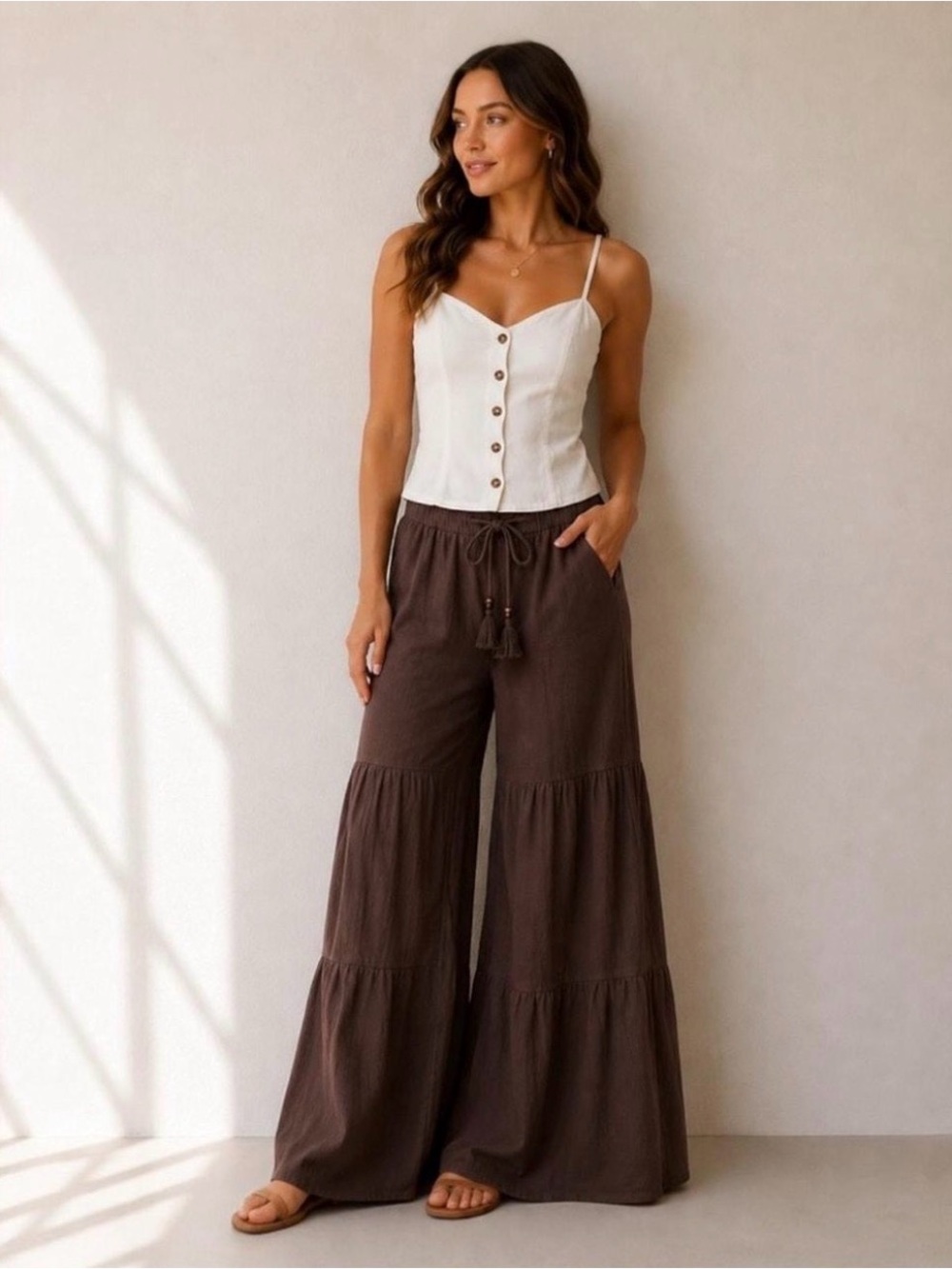 Miou Muse Tiered Wide Leg Cotton Palazzo Pants